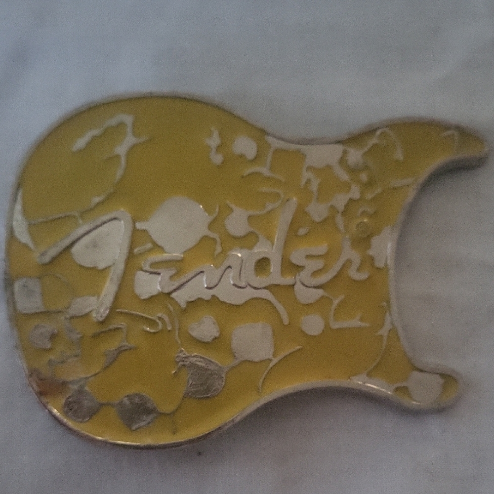 Fender Yellow and Silver Guitar-Shaped belt buckle